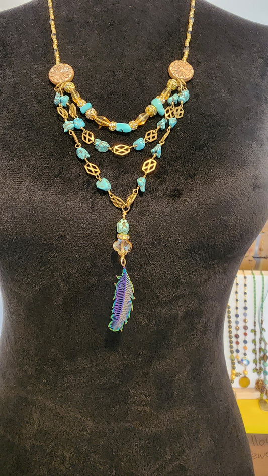 Boho Feather and Turquoise Necklace
