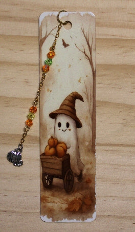 Ghost Pushing Pumpkin Cart Metal Bookmark