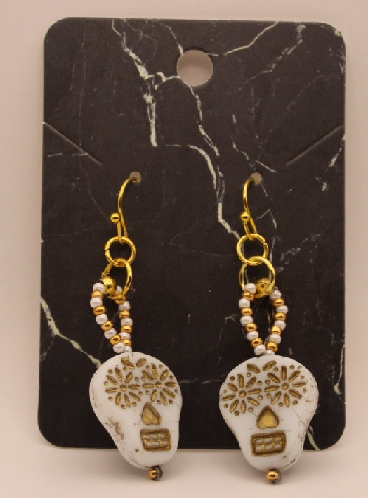 White and Gold sugar skull dangling earrings